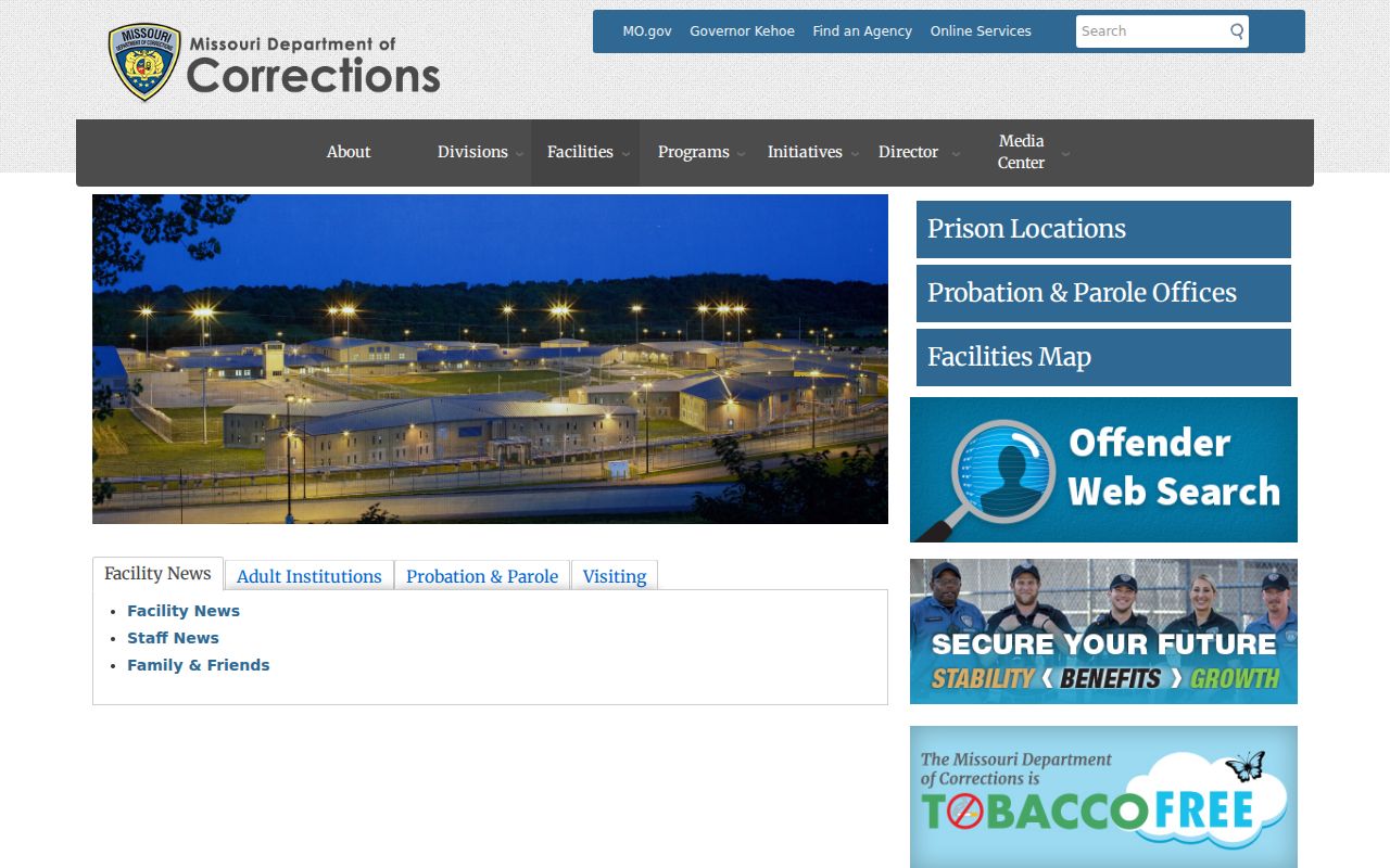 Missouri arrest search and Department of Corrections facilities network