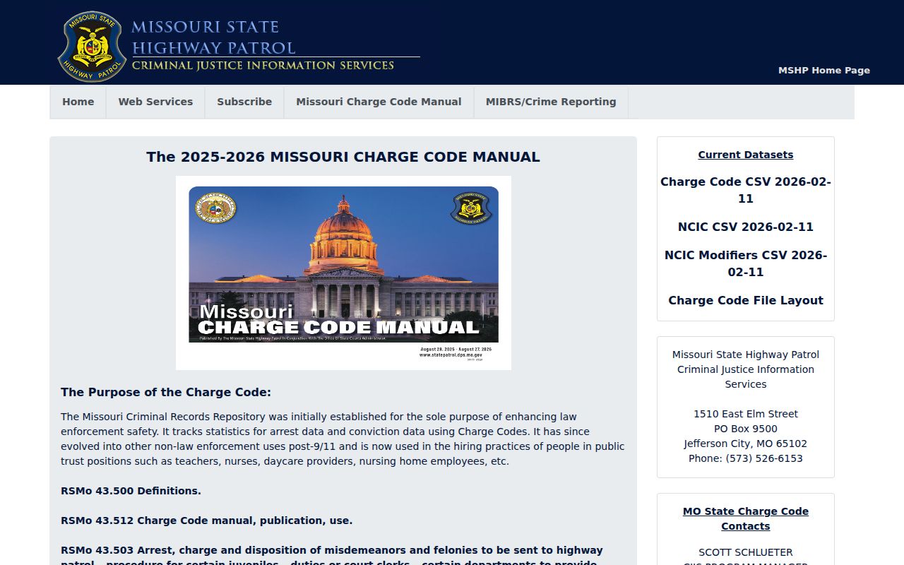 Missouri MSHP CJIS criminal history charge code manual
