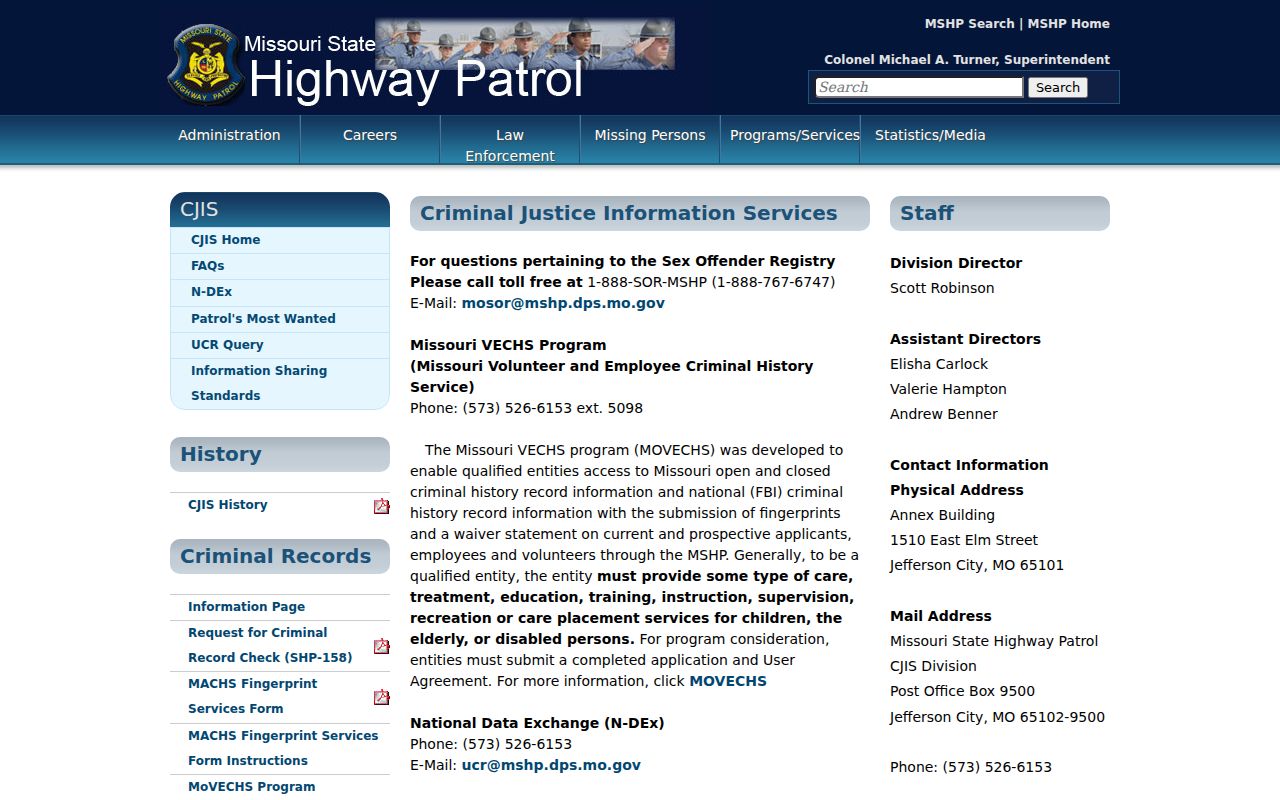 Missouri MSHP CJIS criminal history division page