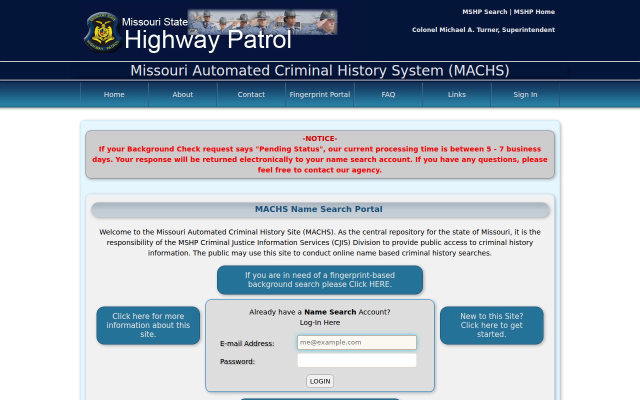 Missouri criminal history MACHS name search login