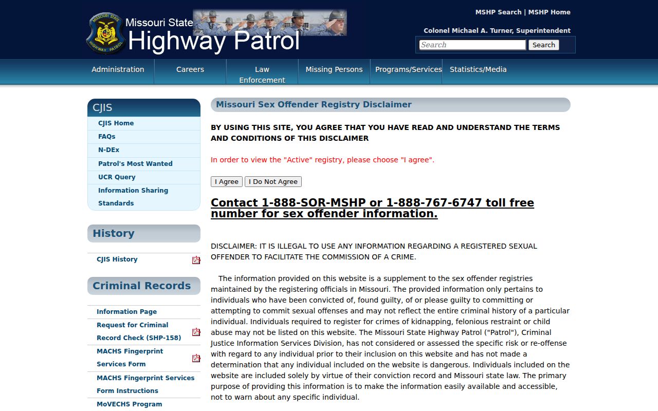 Missouri sex offender registry disclaimer screen